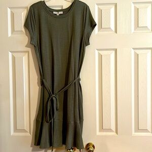 NWT Loft dress size large. Dark sage green with tie belt w/pleat at bottom.
